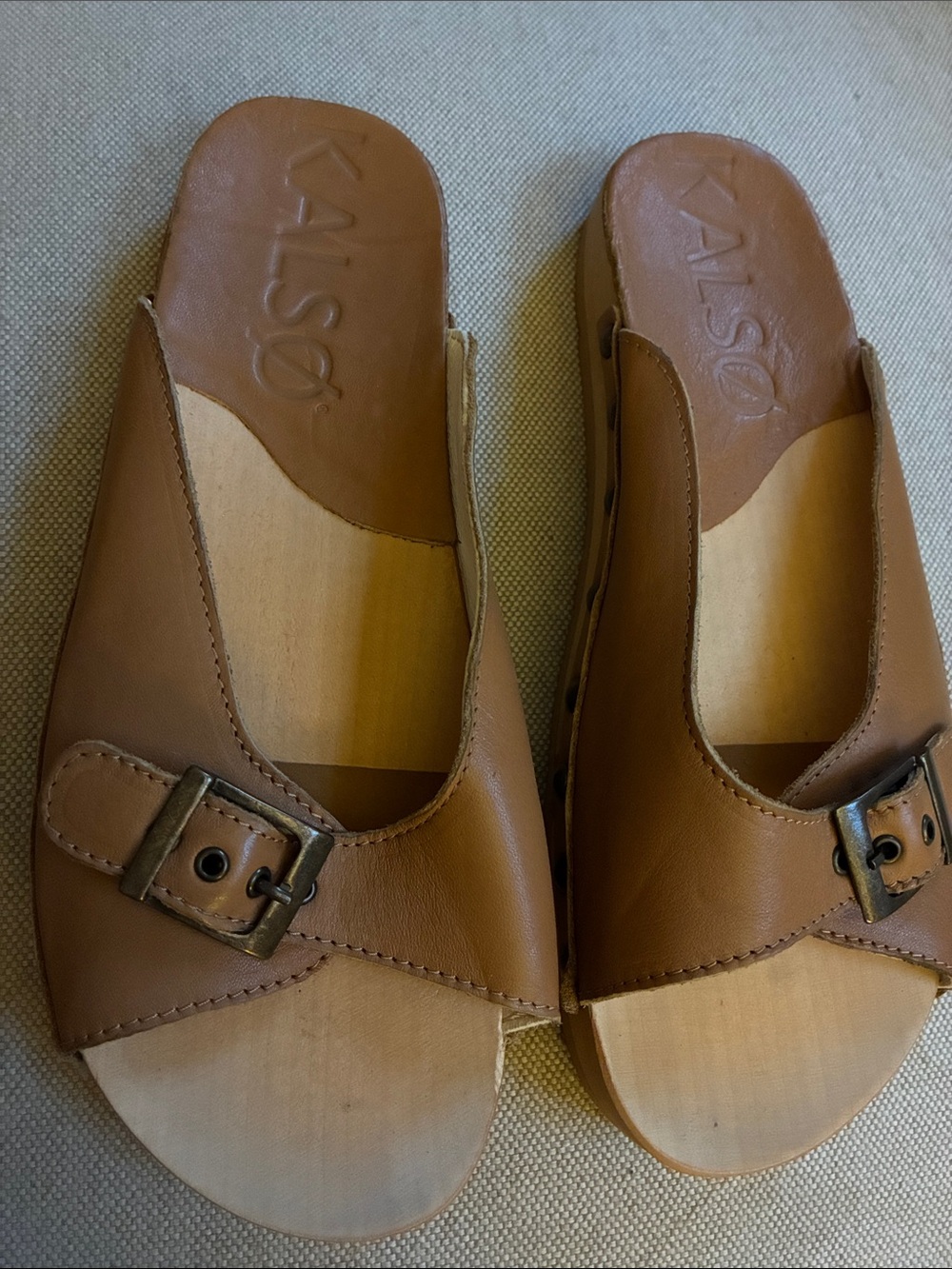 Kalso Tan Leather Slide Mules with Buckle Accent
